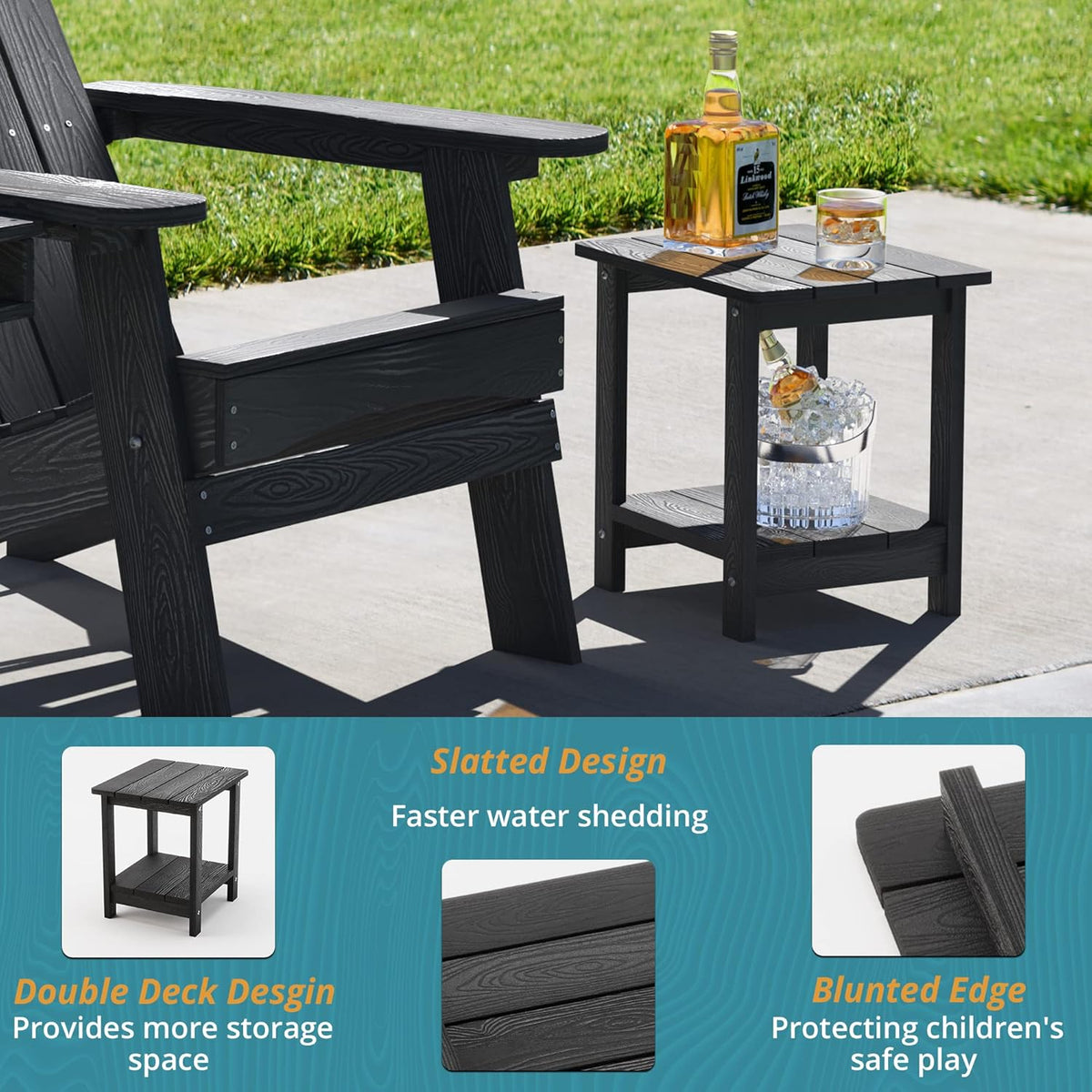 LUE BONA Outdoor Side Table, 2-Tier HDPS Small Patio Table, Black | 2-Tier Shelf for Extra Storage, Small End Table for Pool, Porch, Balcony, Weather Resistant HDPS, Easy Clean