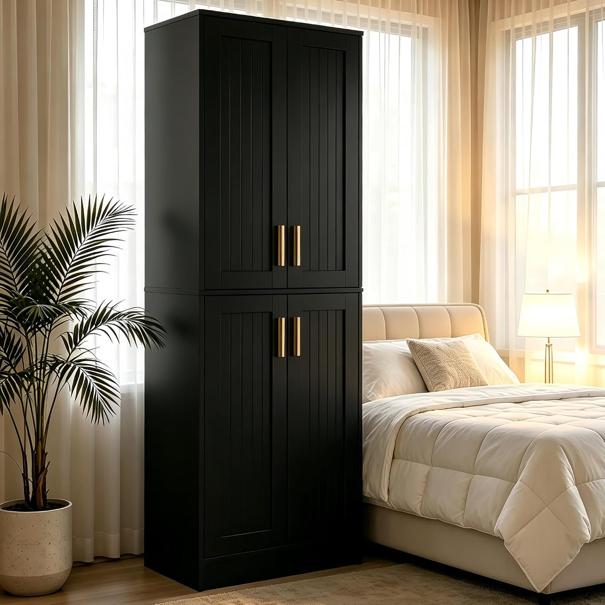 67.7" Tall Kitchen Pantry Storage Cabinet,with 4 Doors,2 Adjustable Shelves,Freestanding Cupboard Farmhouse for Kitchen,Living,Bathroom,Laundry,Dining Room,Assemble Required,Black