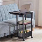 Farini C Shaped Sofa Side End Table, Mobile Snack Table with Brake Wheels Couch Bedside Table with 3-Layer storages,Black Oak