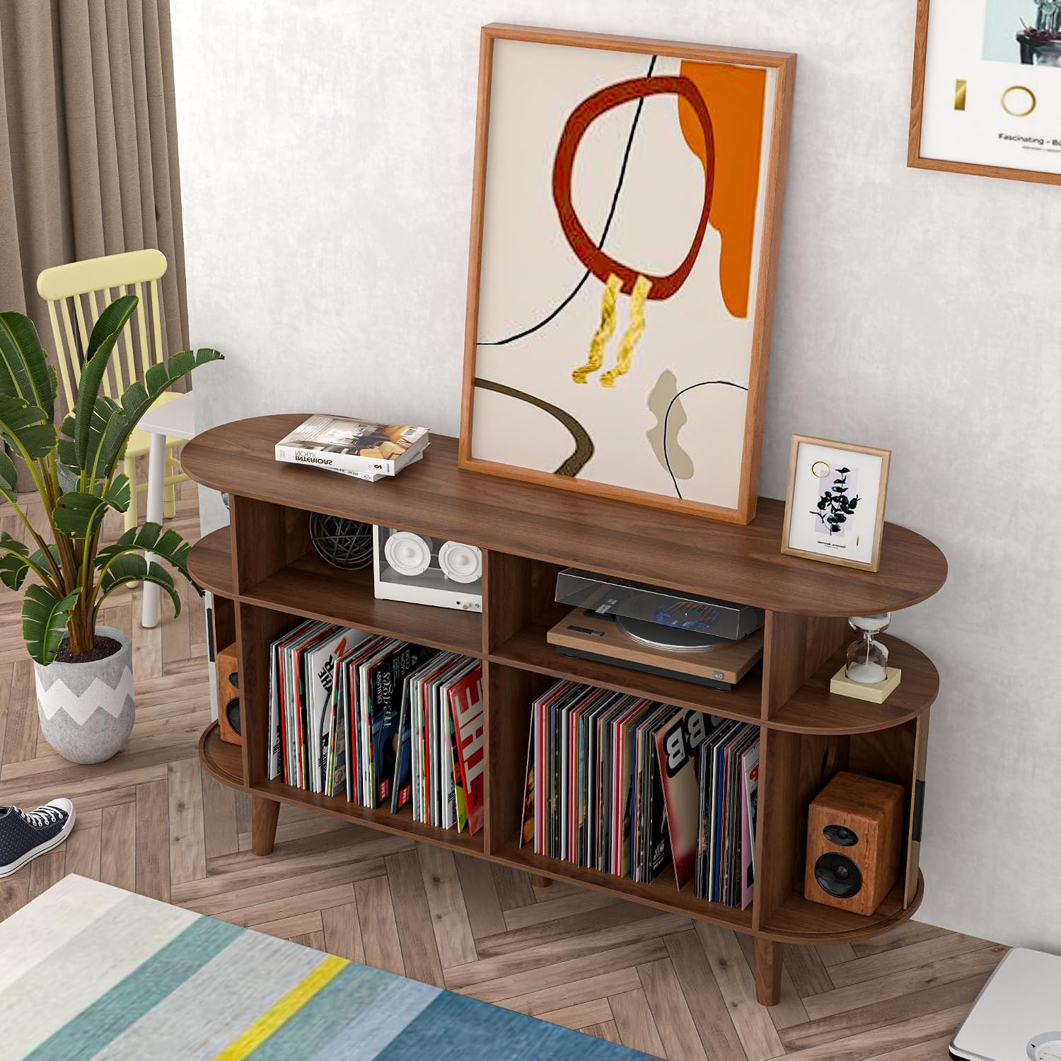 Large Walnut Record Player Stand with Charging Station, Mid-Century Turntable Stand Table, Vinyl Record Player Storage Cabinet for Bedroom, Living Room, Office