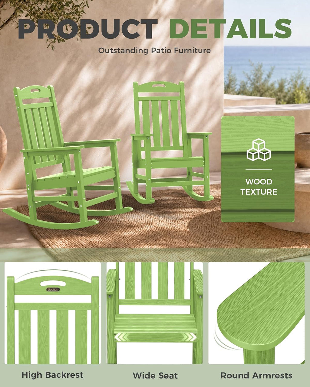Rocking Chairs Outdoor, Oversized Patio Rocking Chair, All Weather Resistant HDPE, Heavy Duty Porch Rocker Chair with High Back Wide Arm Rest, LemonGreen