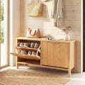 Giantex Shoe Storage Bench with 2 Flip Drawers, Wooden Entryway Bench with Storage, Fluted Doors, Adjustable Shelves, Hidden Shoe Cabinet for Entry Way, Hallway, Foyer, Living Room (Natural+Gold)