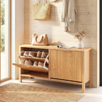 Giantex Shoe Storage Bench with 2 Flip Drawers, Wooden Entryway Bench with Storage, Fluted Doors, Adjustable Shelves, Hidden Shoe Cabinet for Entry Way, Hallway, Foyer, Living Room (Natural+Gold)