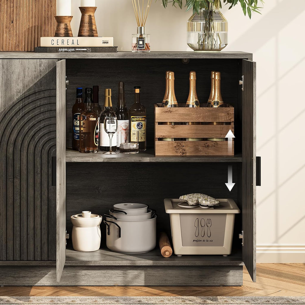 Fluted Sideboard Buffet Cabinet with Storage - 57" Credenza Coffee Bar Cabinet with 4 Doors, Accent Kitchen Storage Cabinets with Adjustable Shelves for Living & Kitchen, Entryway, Modern