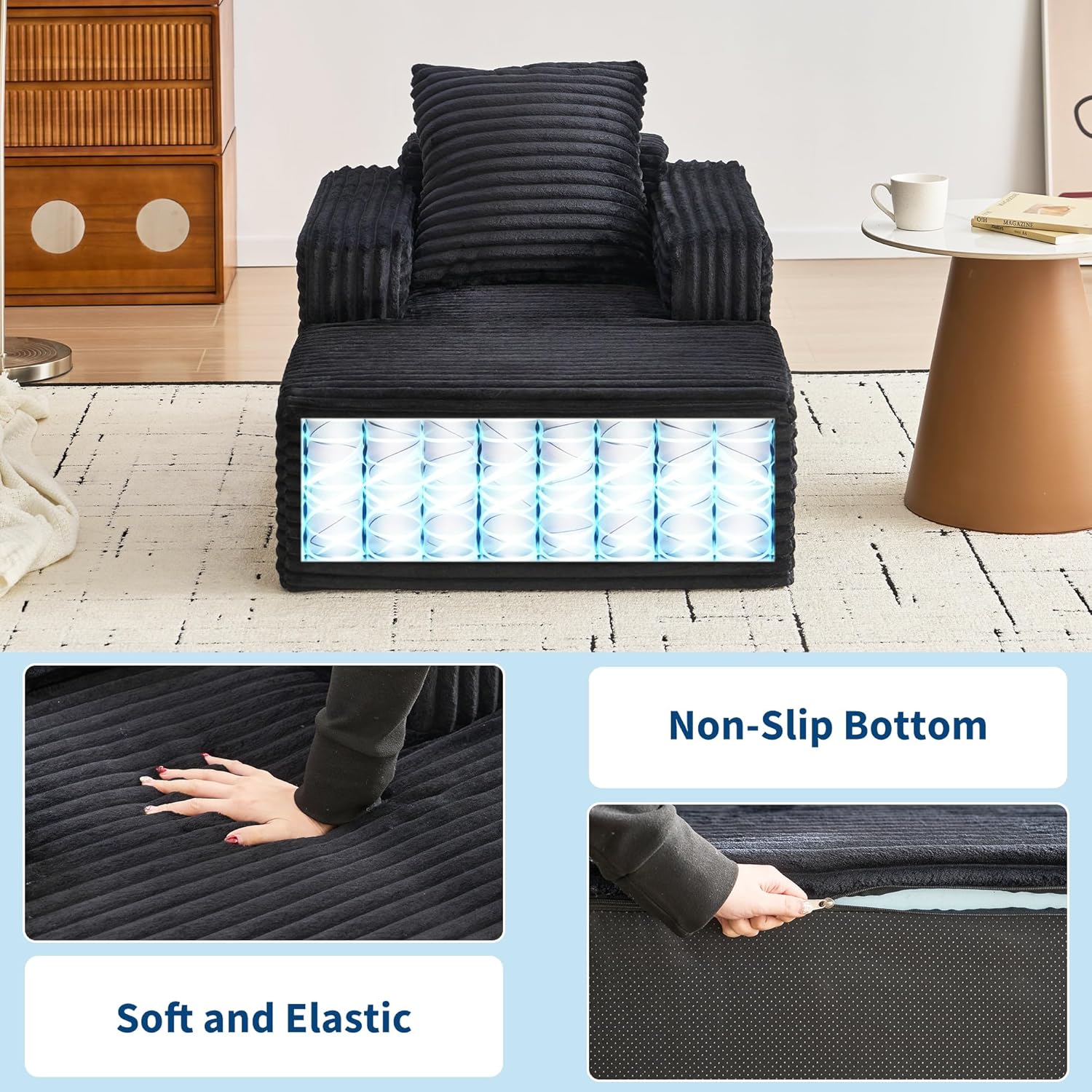 Garvee 45'' Indoor Chaise Lounge Chair Corduroy Cloud Single Couch Sofa with Deep Seat & Armrests Comfy Reading Chair Sleeper Bed for Living Room Bedroom Movie Room No-Assembly