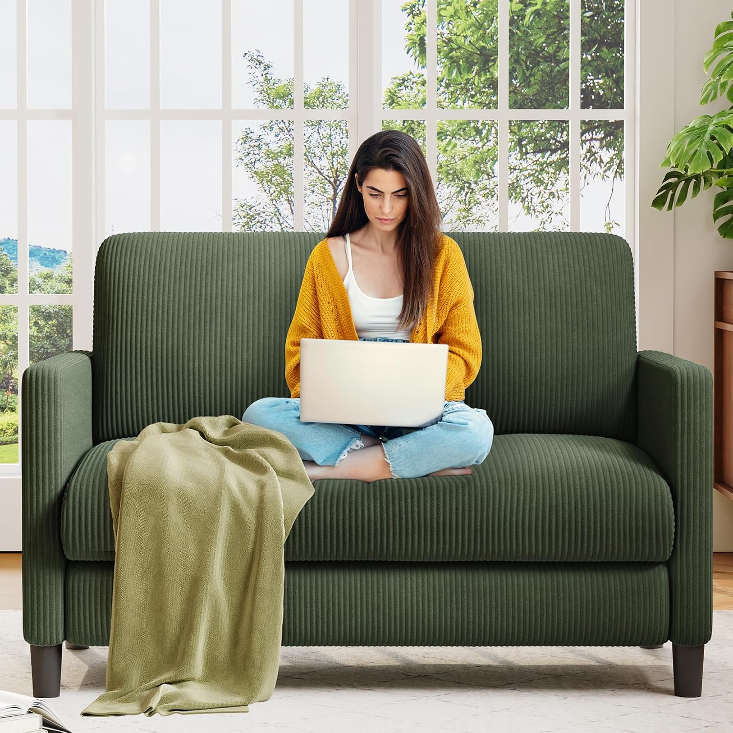 Welzona Loveseat, 51" Small Couch, Corduroy Love Seat, Small Loveseat Sofa | Comfy Corduroy Fabric, Tool-free Setup, Washable Covers, All-wood Small Sofa Couch for Living Room, Bedroom, Green