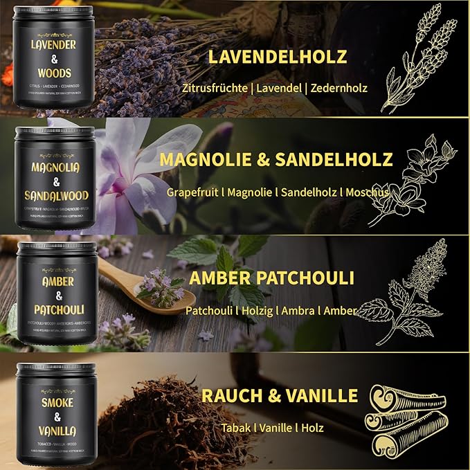 Scented Candles for Men, 4 Pack Mens Candle Gift Set, Relaxation Candles for Home Scented, 28oz Soy Wax Aromatherapy Candles of Lavender/Patchouli/Sandalwood/Smoke & Vanilla