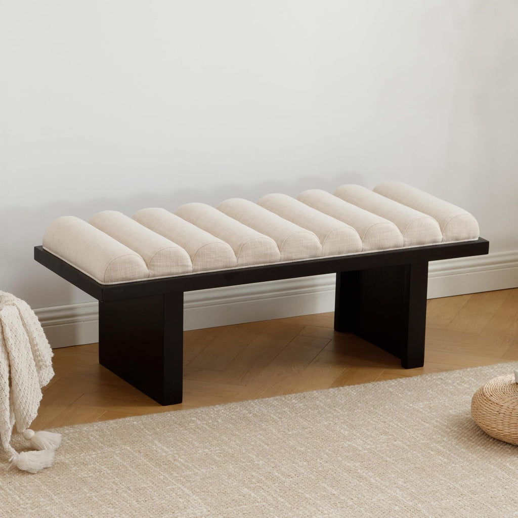 RIVOVA 47" Modern Bed Bench, Dining Bench with Black Legs, Upholstered Linen Bench End of Bed Stool for Bedroom, Living Room, Entryway, Beige