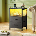 Huuger Night Stand with Charger Station and LED Lights, 2 Drawer Nightstand, Bed Side Table with Open Shelf, End Table, Fabric Drawers for Bedroom, Black