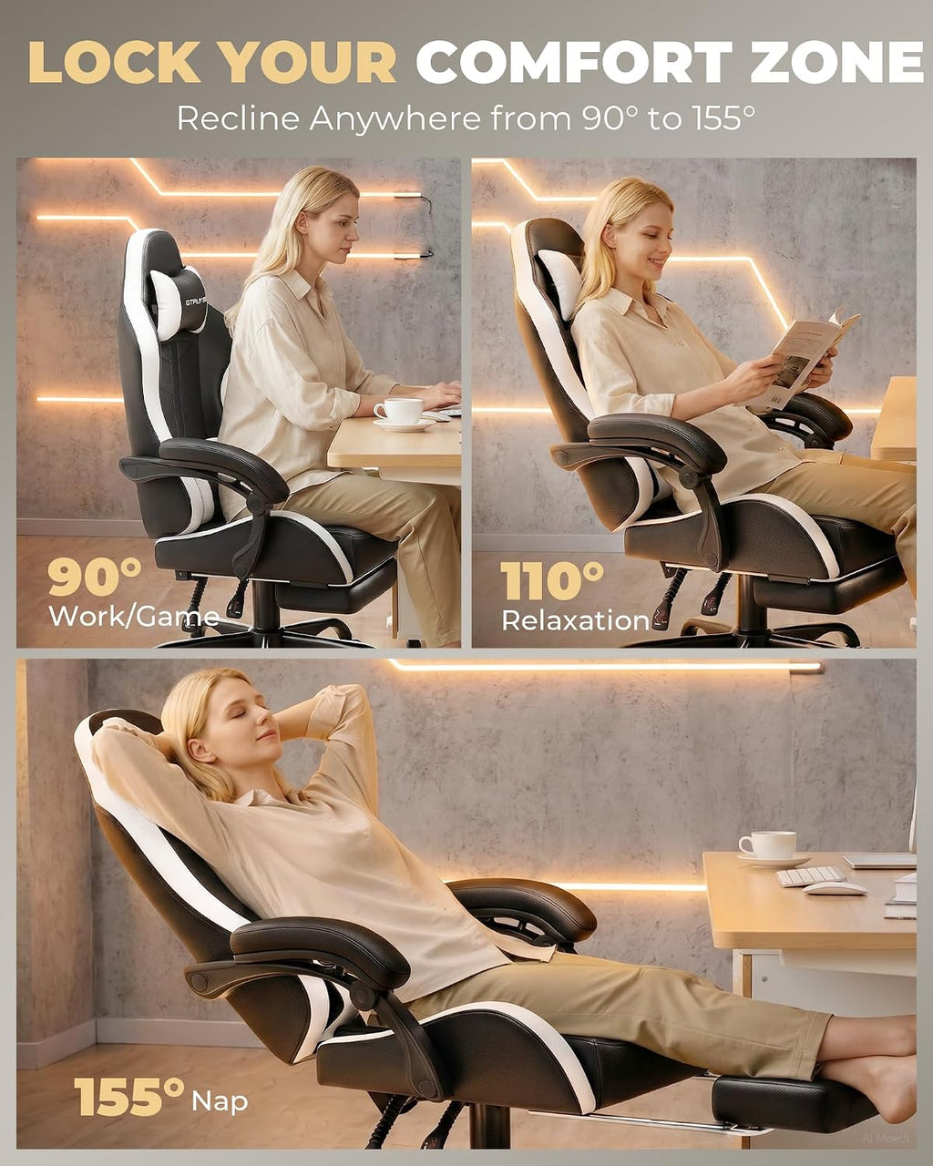 GTPLAYER Gaming Chair for Adults, Computer Chair with Footrest, Snow White | Ergonomic Video Game Chair with 90-155° Recline, Removable Headrest & Lumbar Support, All-Day Comfort for Home & Office