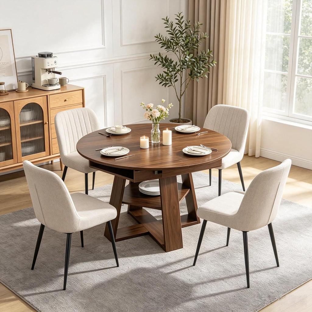 43"-59" Extendable Round to Oval Wooden Dining Table | 1.2" Thick MDF Tabletop,20" Storage Shelf,Smooth Silent Glides,Small Spaces Apartment Kitchen Dining Room,Walnut