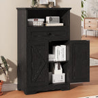 Floor Cabinet, Farmhouse Storage Cabinet with Barn Doors and Drawer, 11.81" D x 23.62" W x 39.37" H Black Freestanding Adjustable Shelf Organizer for Bathroom, Kitchen, Living Room