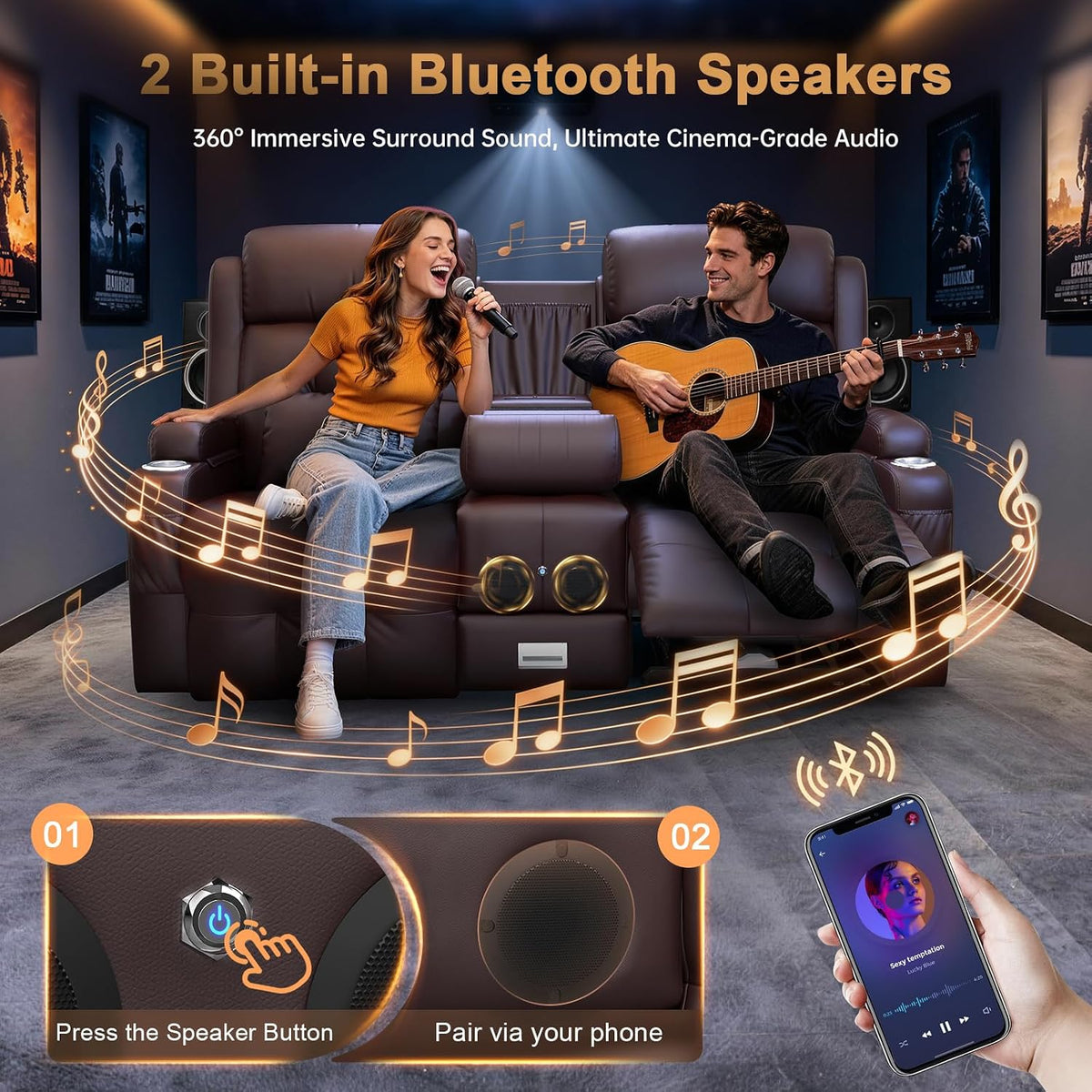 Power Loveseat Recliner Sofa with Massage & Heating, Zero Wall Hugger RV Reclining Couch with Bluetooth Speakers, LED Lights, Pillow, Drawer, USB Charging & Power Outlet for Home Theater & Gaming Room