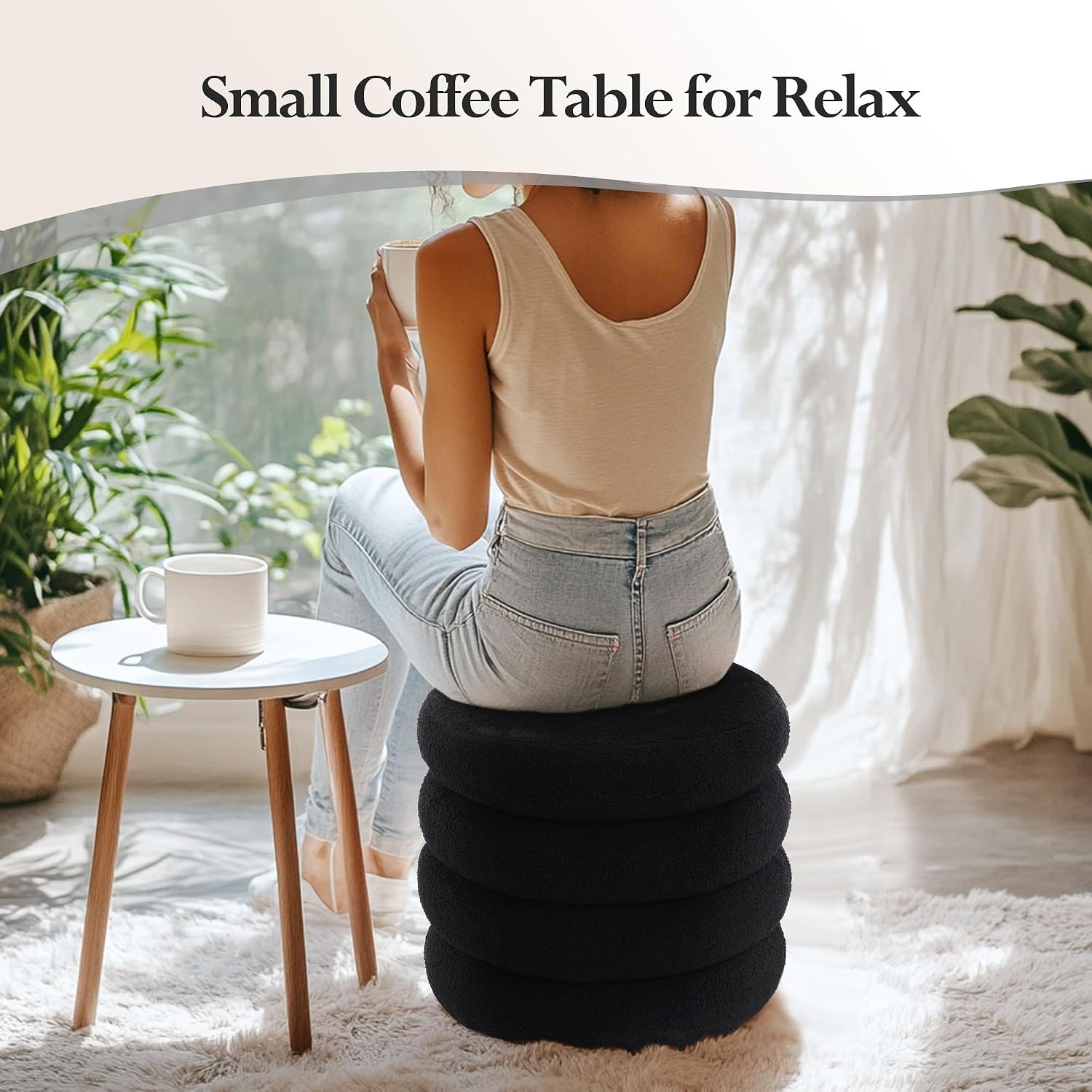 19.5 Inch Round Storage Ottoman, Modern Sherpa Ottoman Coffee Table with Removable Top, Black Vanity Stool with Storage for Bedroom, Living Room, Dorm, Set of 2