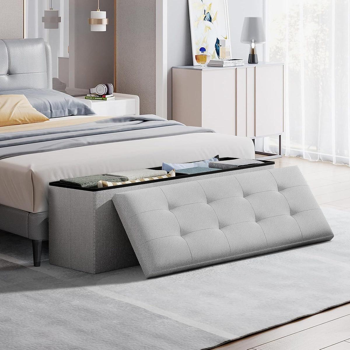 Storage Ottoman Bench, 43 Inch Ottoman Foot Rest, End of Bed Bench, Storage Chest for Living Room, Bedroom, Entryway, Light Gray