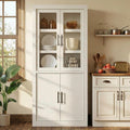 Farmhouse Kitchen Pantry Storage Cabinet, 70.5" Tall Wood Cupboard with 4 Doors and Adjustable Shelves, Rustic White Freestanding Organizer for Kitchen, Dining Room, White