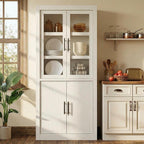Farmhouse Kitchen Pantry Storage Cabinet, 70.5" Tall Wood Cupboard with 4 Doors and Adjustable Shelves, Rustic White Freestanding Organizer for Kitchen, Dining Room, White