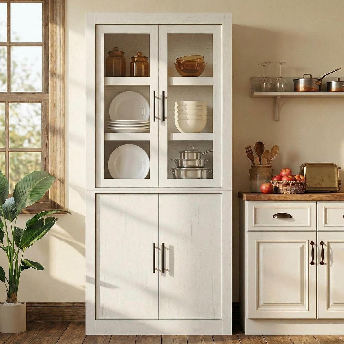 Farmhouse Kitchen Pantry Storage Cabinet, 70.5" Tall Wood Cupboard with 4 Doors and Adjustable Shelves, Rustic White Freestanding Organizer for Kitchen, Dining Room, White