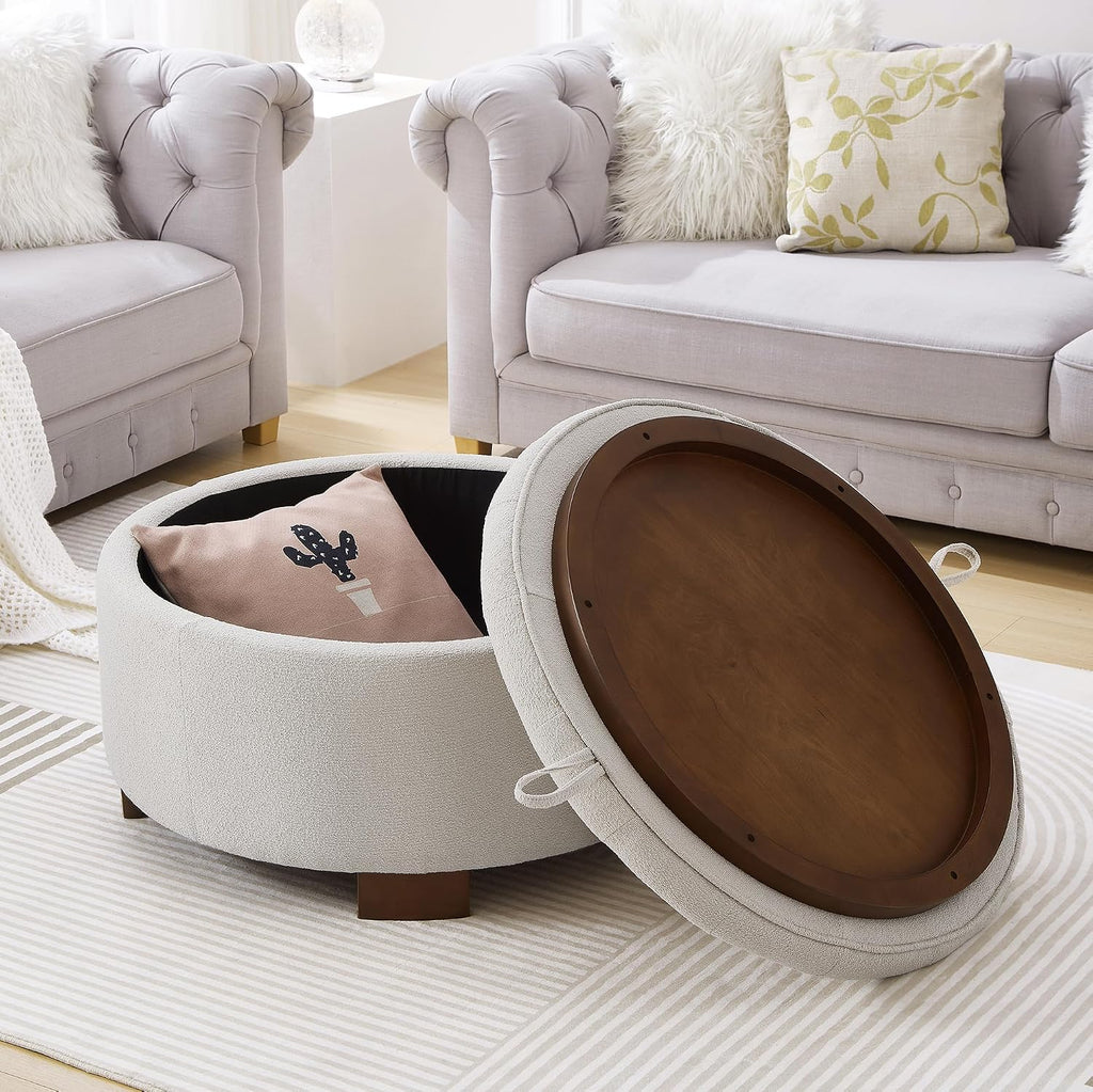 30'' Round Ottoman with Storage, Oversized Ottoman Coffee Table with Reversible Lid and Wooden Legs, Boucle Upholstered Tufted Footstool, Dual-Purpose Seat & Table for Living Room Bedroom, Beige