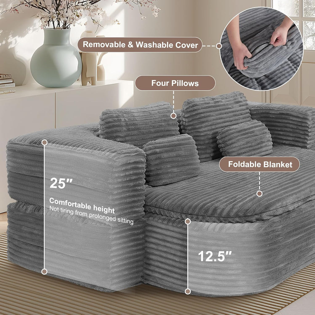 75'' Folding Sleeper Sofa Bed, Memory Foam Fold Out Couch, Foldable Full Size Guest Bed Mattress, Modern 2-in-1 Floor Deep Seat Sleeper Sofa with 4 Pillows and Blanket (Corduroy, Gray)