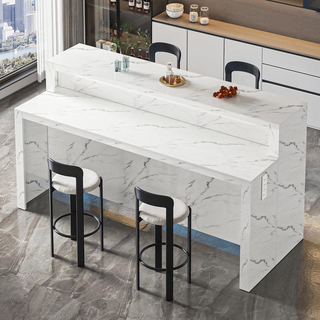 70.9" Large Faux Marble Dining Table with LED Lights, White Counter Height Kitchen Island Table with Power Outlets & USB Ports, Modern Bar Table for Kitchen Dining Room Apartment