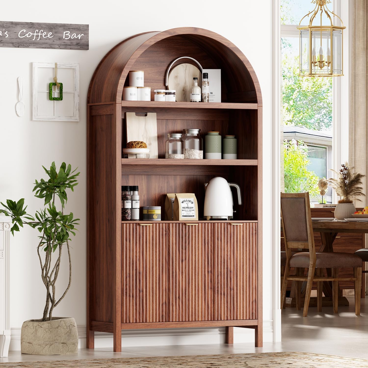 Ieejdn 71.34" Tall Arched Kitchen Pantry,Modern Fluted Wood Storage Cabinet with Doors,Adjustable Shelves,Organizer, Versatile Cupboard for Kitchen,Living Room,Dining Room,Bathroom,Walnut
