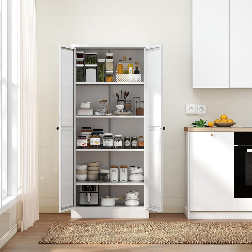 61-Inch White Metal Kitchen Pantry Cabinet with 4 Adjustable Heavy-Duty Shelves (110lb Capacity), Freestanding Storage Organizer for Pantry, Kitchen, Living Room