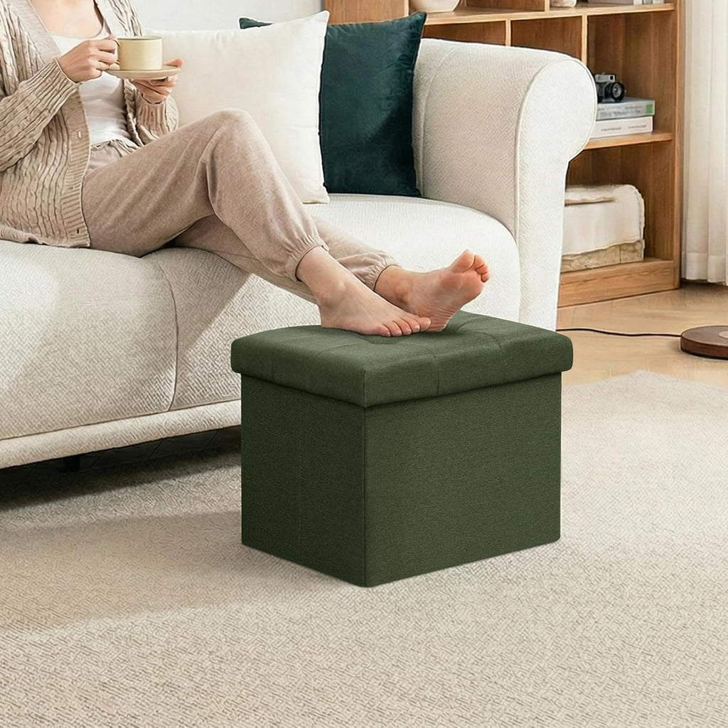 Folding Storage Ottoman, 16.5" Rectangular Footstool with Padded Tufted Lid, Collapsible Storage Footrest for Small Space, Living Room, Bedroom, Dorm, Olive Green