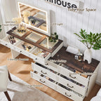 Aitjunz 69" W Farmhouse Vanity Desk with Glass Top,9 Drawers, Antique White | Wood Makeup Table with Large Storage Drawers, Rustic Bedroom Dressing Table w/3 Color Available Light & 30" HD Led Mirror