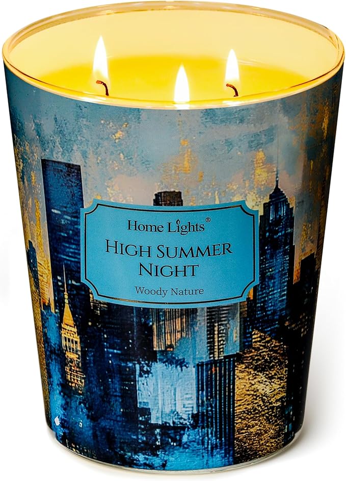 HomeLights High Summer Night Scented Candles | 34oz Soy Candles Industrial Chic 3-Wick Large Candle Jars | Ideal Candle Gifts for Events, Home Decor Stress, Relief & Relaxation