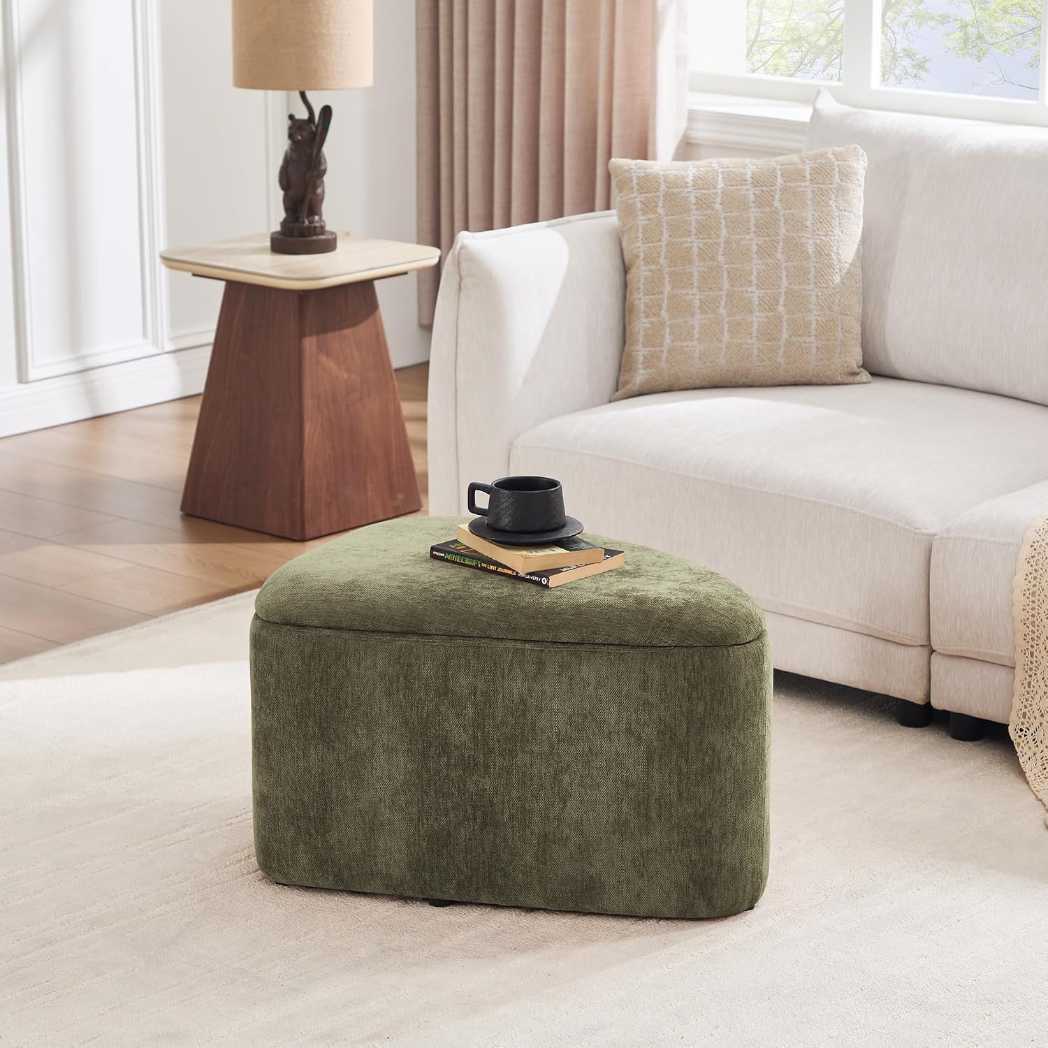 ONEVOG Storage Ottoman with Removable Lid, Modern Multifunctional Chenille Upholstered Footrest Stool for Couch, Modern Stool for Living Room, Bedroom, Dorm, Vanity, Green