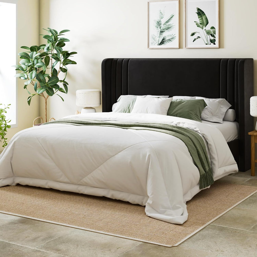 Allewie Queen Size Velvet Platform Bed Frame, Tall Wingback Headboard, Black