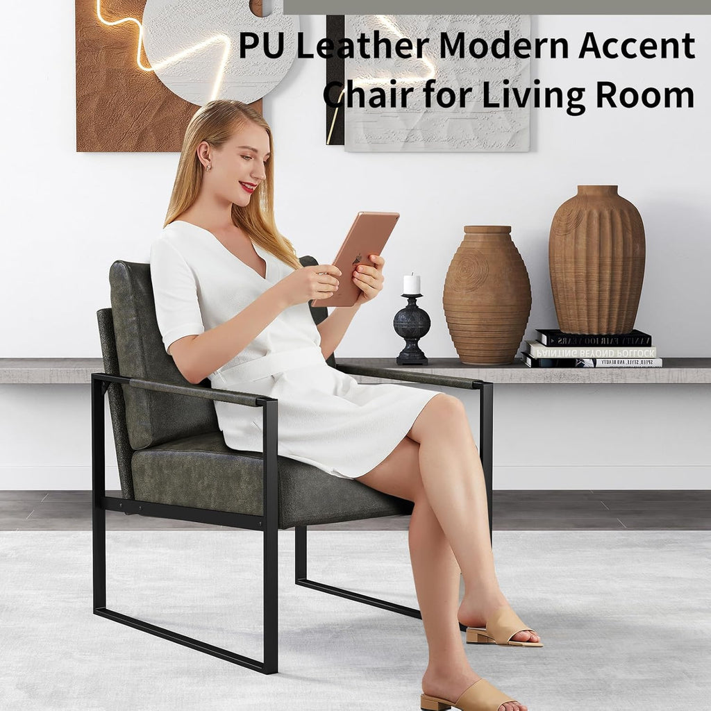 CANMOV Modern Accent Chair Set of 6, PU Leather Armchair with Metal Frame,Comfy Single Reading Chair with Soft Padded Backrest and Cushion for Living Room, Bedroom,Reading Room,Office,Dark Grey