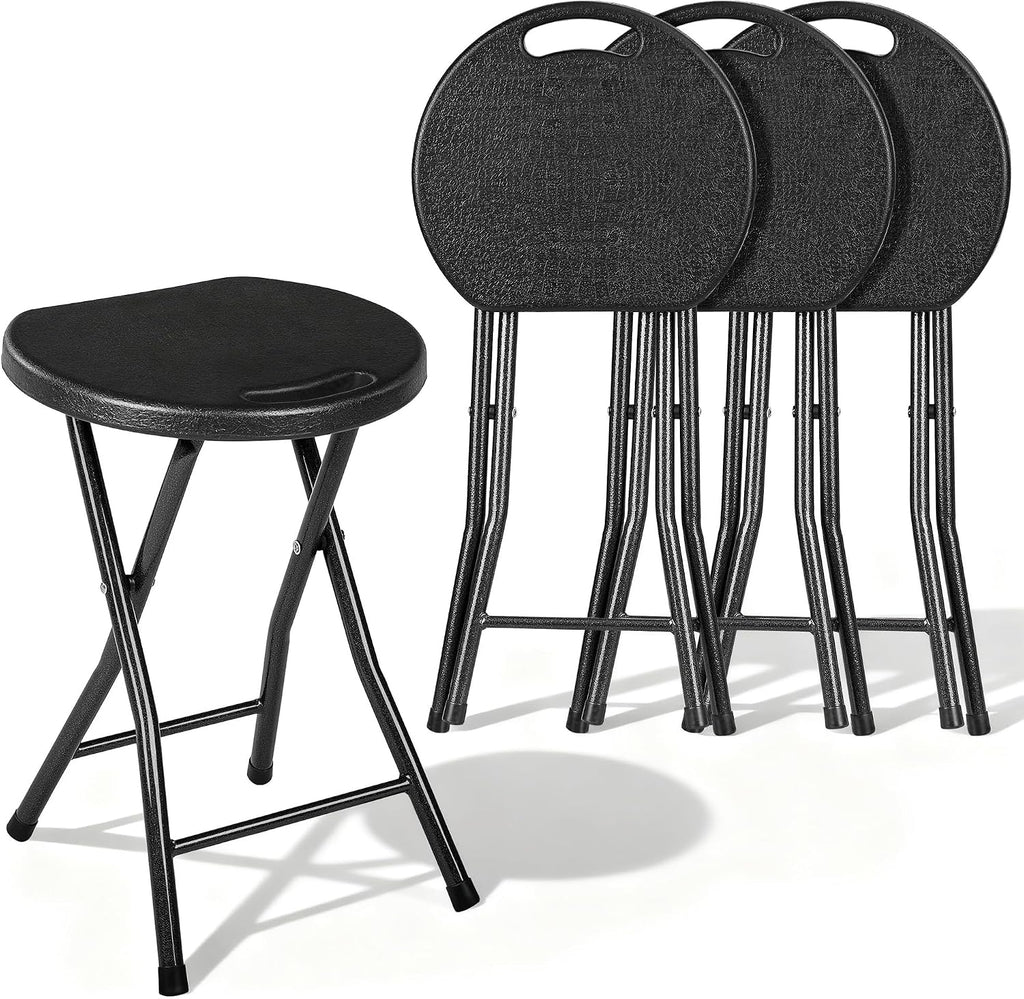VECELO Folding Stool 4-Pack 18", HDPE Foldable Stool with Iron X-Frame, Solid Bottom Support, 500 lbs Capacity, Easy Clean, Lightweight with Handle, Anti-Slip Feet for Indoor Outdoor, Black