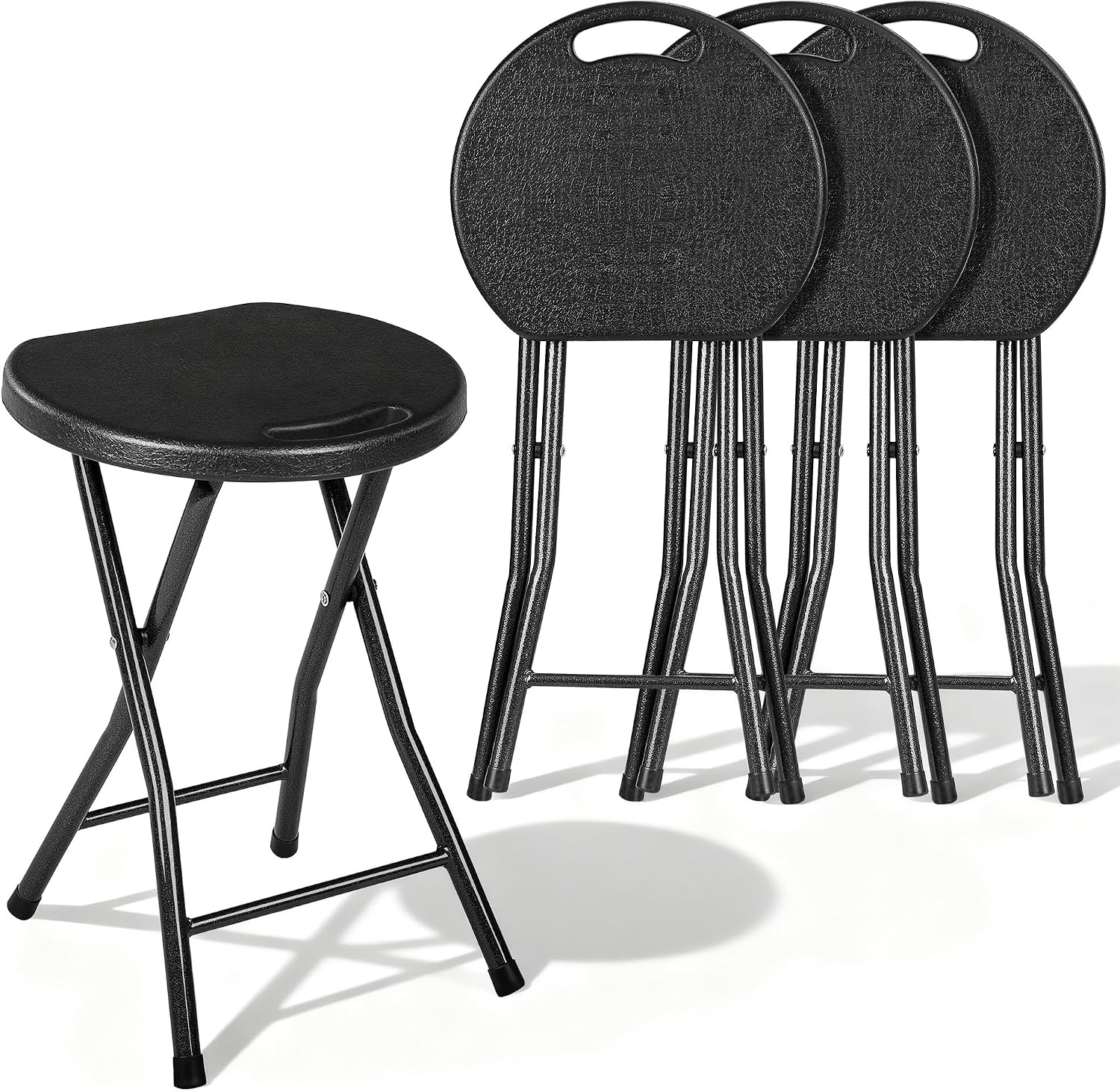 VECELO Folding Stool 4-Pack 18", HDPE Foldable Stool with Iron X-Frame, Solid Bottom Support, 500 lbs Capacity, Easy Clean, Lightweight with Handle, Anti-Slip Feet for Indoor Outdoor, Black