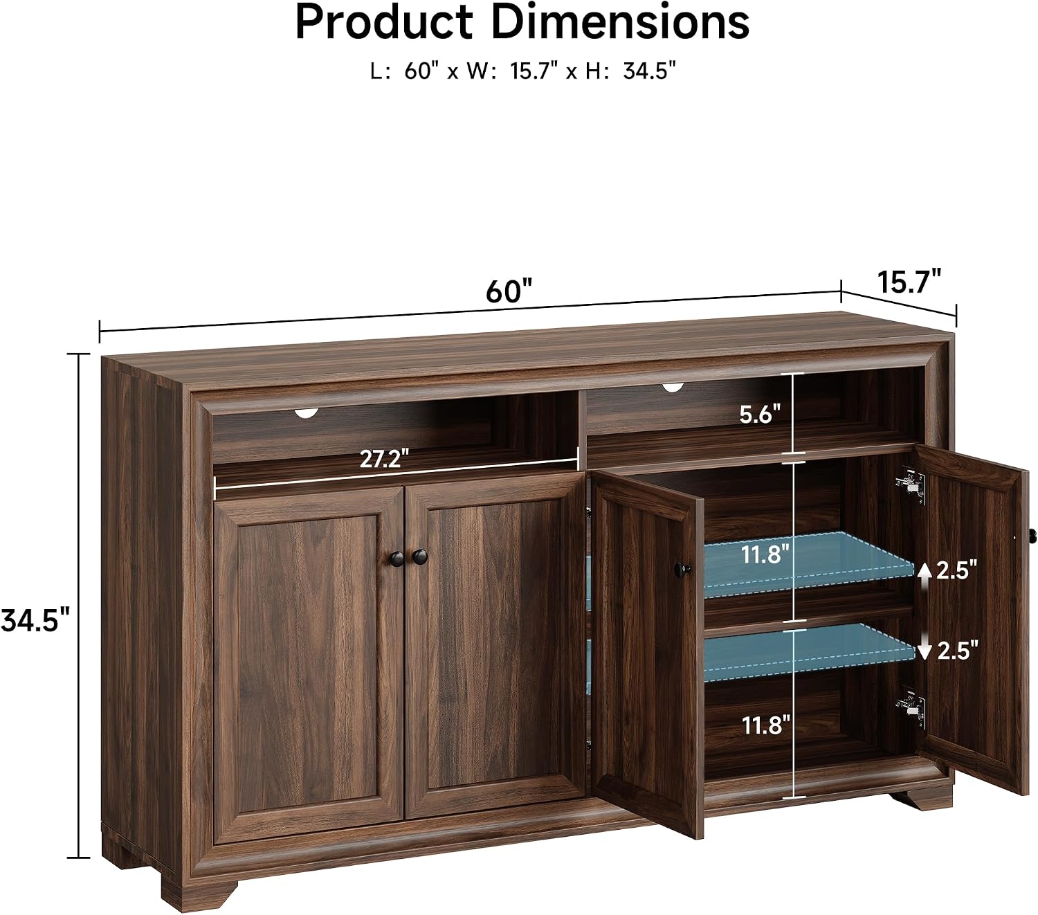 ONBRILL 60 Inches Sideboard Buffet Cabinet with Storage, 4 Doors Large Sideboard, Kitchen Cabinet with Open Shelf & Adjustable Shelf, Kitchen Coffee Bar Console Table for Living Room, Hallway, Brown