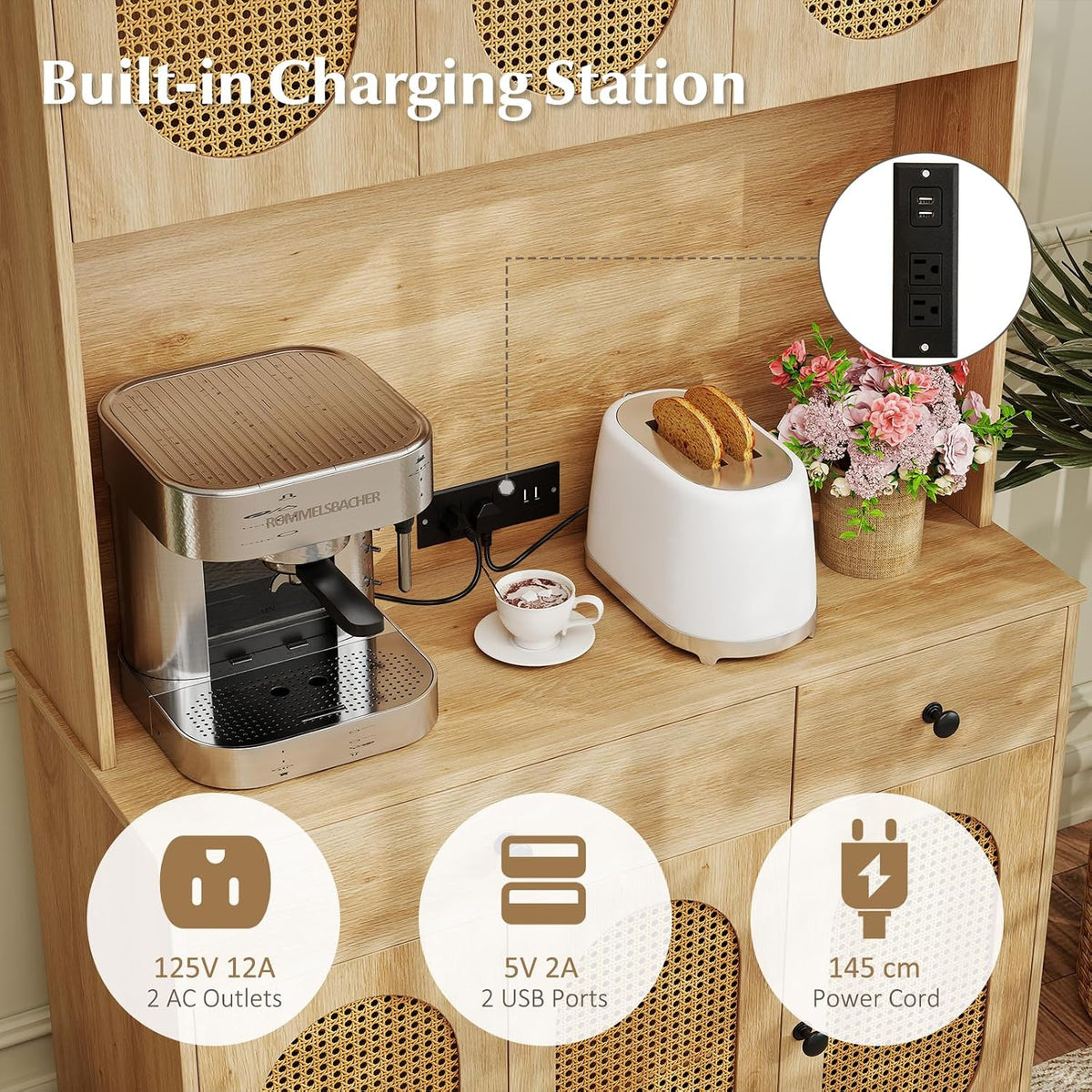 GOFLAME Kitchen Pantry Cabinet with Charging Station, 71" Tall Freestanding Kitchen Buffet with Hutch, Drawers and PE Rattan Doors, Boho Sideboard Buffet Cabinet, Natural