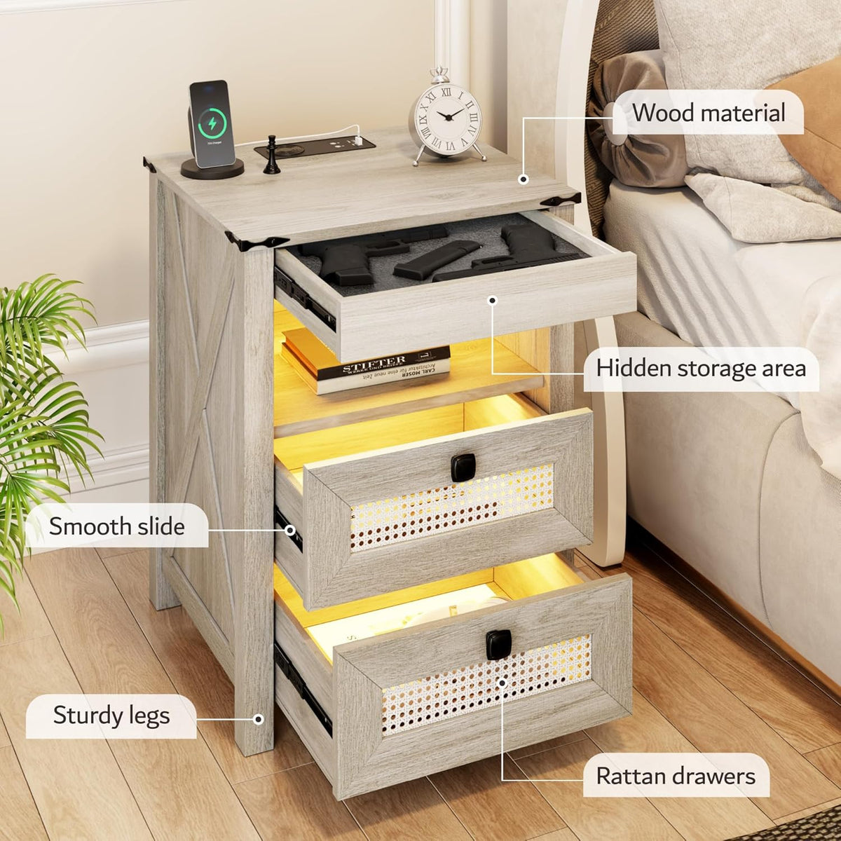 Night Stand with Gun Drawer, Bedside Table with Charger Station & LED Human Sensor Light, Gun Nightstand End Tables Bedroom Living Room, Rustic Grey