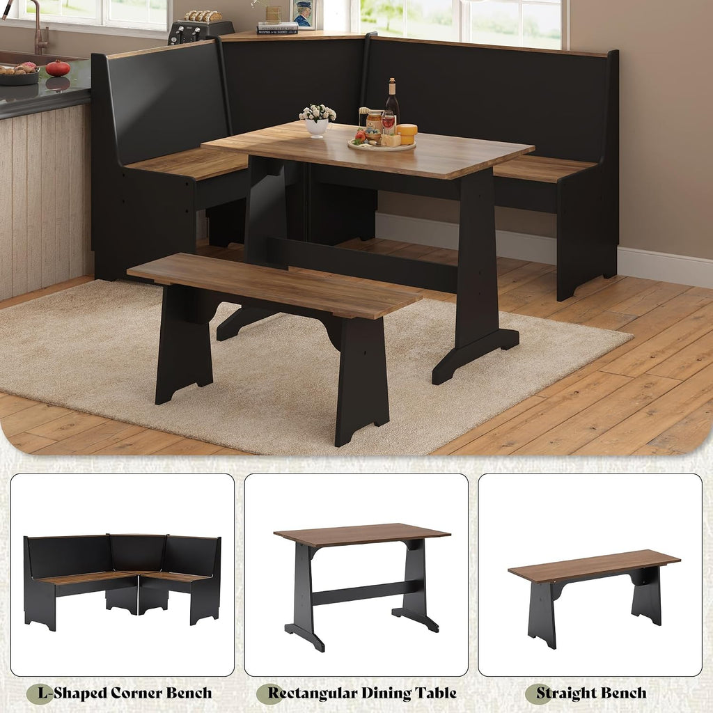 AMERLIFE 3-Piece Corner Dining Set with Hidden Storage, Black Oak | Dining Set for Small Spaces, Lift Up Storage Compartments, L Shaped Layout, Space Saving Furniture, Kitchen Dining Area