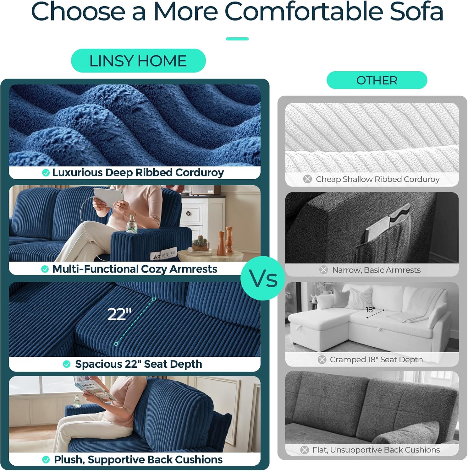 LINSY HOME Sectional Couches for Living Room, 106" U Shape 4 Seats, Blue | Sleeper sofa with pull out couch bed, corduroy couch with storage
