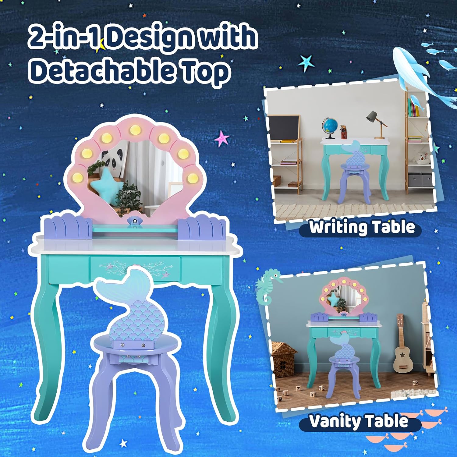BRINJOY Kids Vanity with Lighted Mirror and Chair | Wooden Princess Vanity for Girls, 2 in 1 Ocean Theme Children Dressing Table Set, Little Girl Makeup Vanity with Mirror Gift