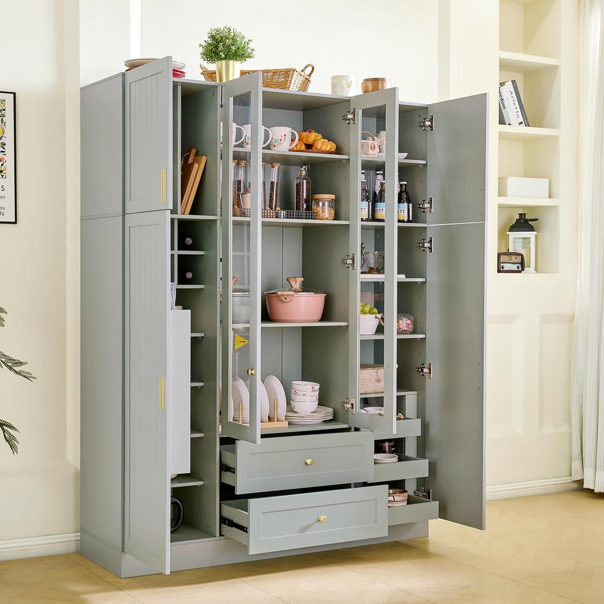 Polibi 6-Door Kitchen Pantry Storage Cabinet,53.2''Lx17.7''W Large Cupboard with Wine Rack, Adjustable Shelves & Pull-Out Trays for Dining Room Organization, Modern Design, Green