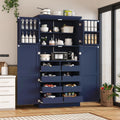 Freestanding Cabinet with 4 Doors, 2 Door Shelves, Tall Storage Cabinet with 8 Pull-Out Trays and Adjustable Shelf for Dining Room Kitchen Pantry (Blue)