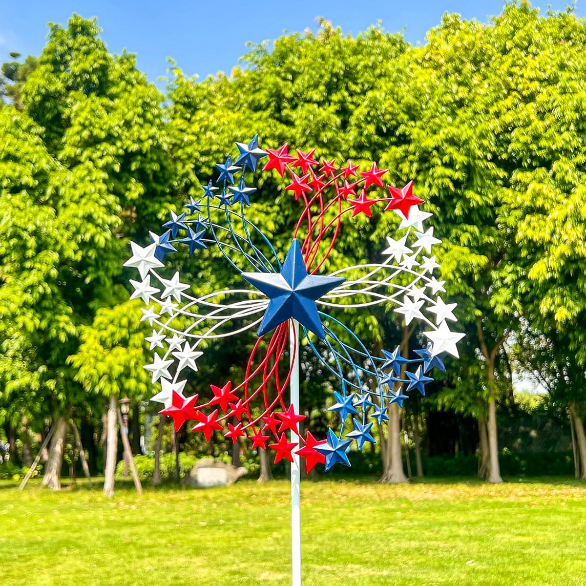 47.3” Red White & Blue Patriotic Wind Spinner – Star Design American Flag Spinner Outdoor – Metal Garden Spinners for Yard, Lawn & Patio Decor