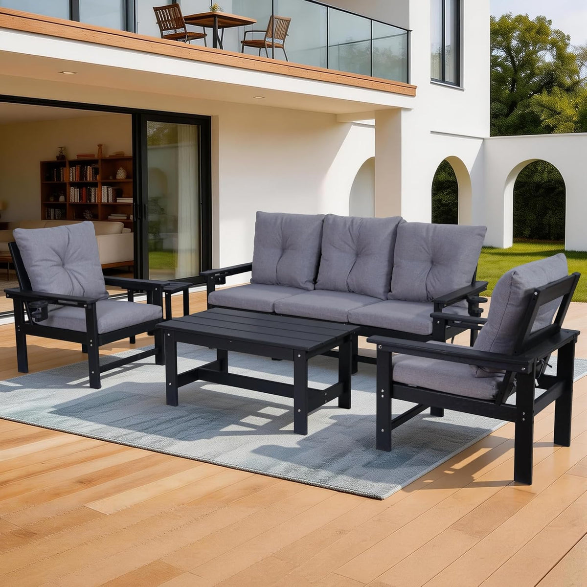 Set of 2 HDPE Adirondack Patio Armchairs, All Weather Outdoor Lounge Chairs w/ 3.5'' Thick Washable Cushions & Cup Holders, Rustproof 304 Stainless Steel Hardware for Garden Deck Poolside, Black