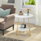 Tribesigns 2 Tier Round Side Table, Faux Marble End Table with Shelf, Small Gold Accent Nightstand for Living Room, Bedroom or Couch Side, White and Gold