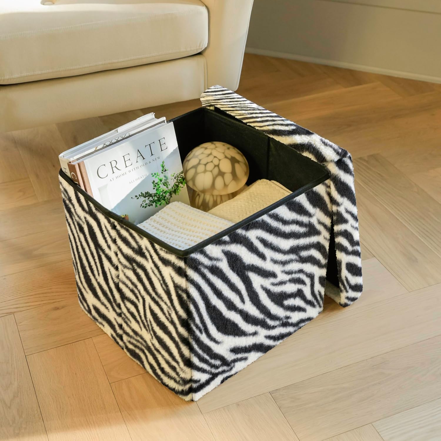 Luxe Faux Fur Storage Ottoman, Zebra Black/White, 15 x 15 x 15 in | Engineered Wood, Tool-Free Assembly, Modern Style, Seat And Footrest