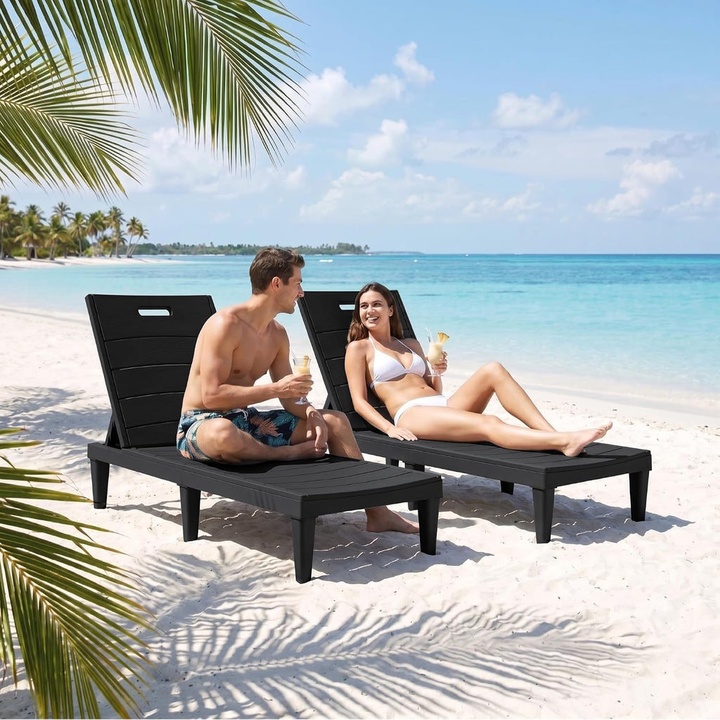 Greesum 2-Pack Adjustable Chaise Lounges, Black | 5-Pos Recline, Waterproof PP, UV-Resist, Easy-Clean, for Pool/Patio/Beach, Tool-Free