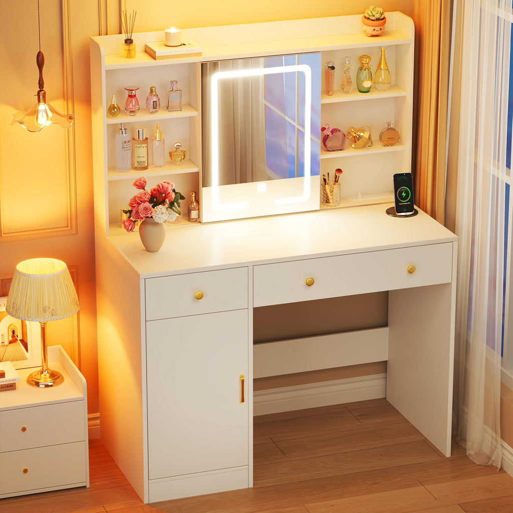 HUAHUU 37.4" Vanity Desk with Mirror and Lights, Makeup Vanity with LED Sliding Mirror, 3-Color Lights, USB/Type-C Charging, White Vanity Desk with Storage Cabinet, 2 Drawers & 6 Shelves for Bedroom