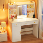 HUAHUU 37.4" Vanity Desk with Mirror and Lights, Makeup Vanity with LED Sliding Mirror, 3-Color Lights, USB/Type-C Charging, White Vanity Desk with Storage Cabinet, 2 Drawers & 6 Shelves for Bedroom